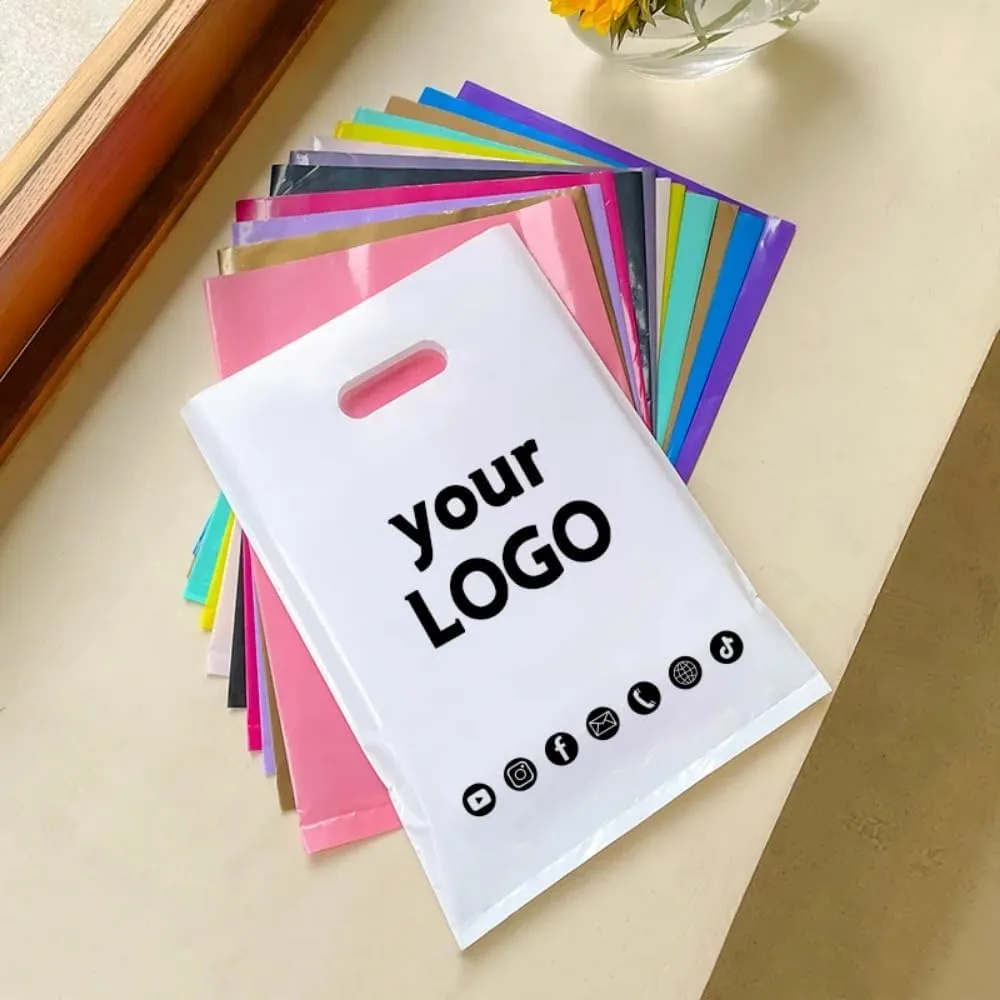 jfs 100pcs Customized Logo Mall Shopping Bags with Gift Bags Custom Reusable Merchandise Tote Bag Personalized Text Logo Plastic Packaging Bags (WHITE,15x20cm)
