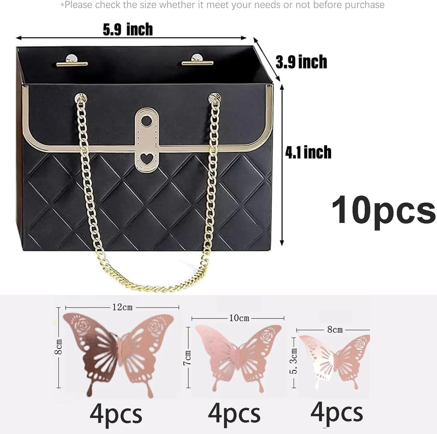 JHXTZ 10 Pack Flower Paper Gift Bags with 12pcs Rose Gold 3D Butterfly Decoration, Portable Floral Handbag Box with Metal Chain, Florist Carrier for Valentine's Day Birthday Gifts (Black)