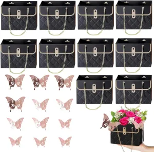 JHXTZ 10 Pack Flower Paper Gift Bags with 12pcs Rose Gold 3D Butterfly Decoration, Portable Floral Handbag Box with Metal Chain, Florist Carrier for Valentine's Day Birthday Gifts (Black)