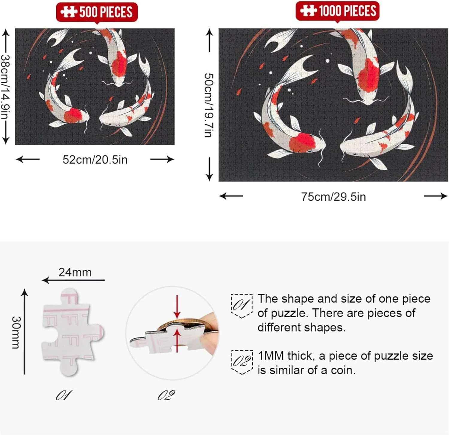 Jigsaw 1000 Puzzles for Adults Koi Fish Swim Black Gifts for White Elephant Game Unique Puzzle Animal Floral Art, 29.5x19.7 Inch