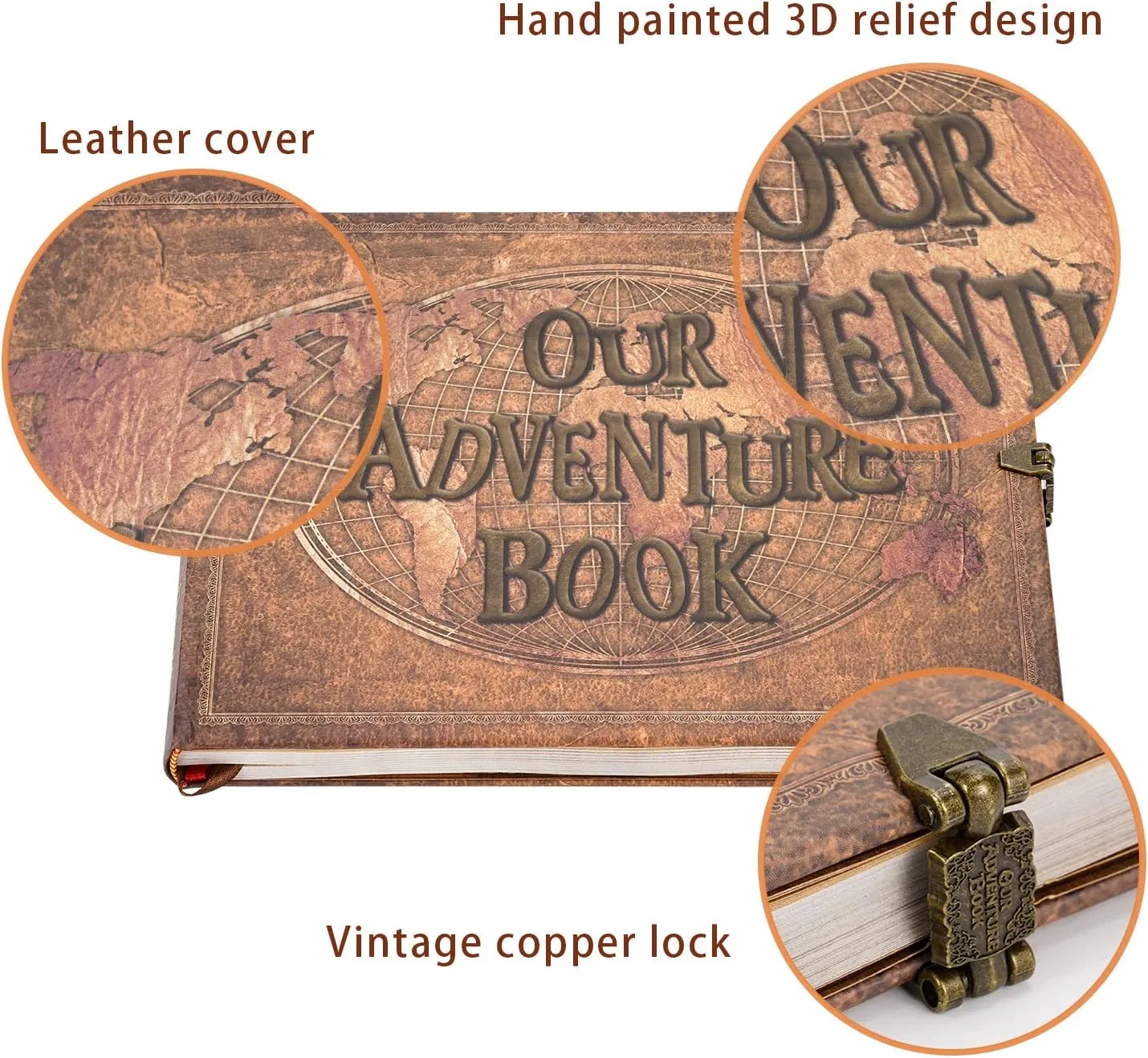 JIMBON Our Adventure Book 180 Pages Scrapbook Photo Album,Retro Style Embossed Letter Leather Cover Travel Diary Journal Scrap Book For Couples,Memory Book For Anniversary Wedding