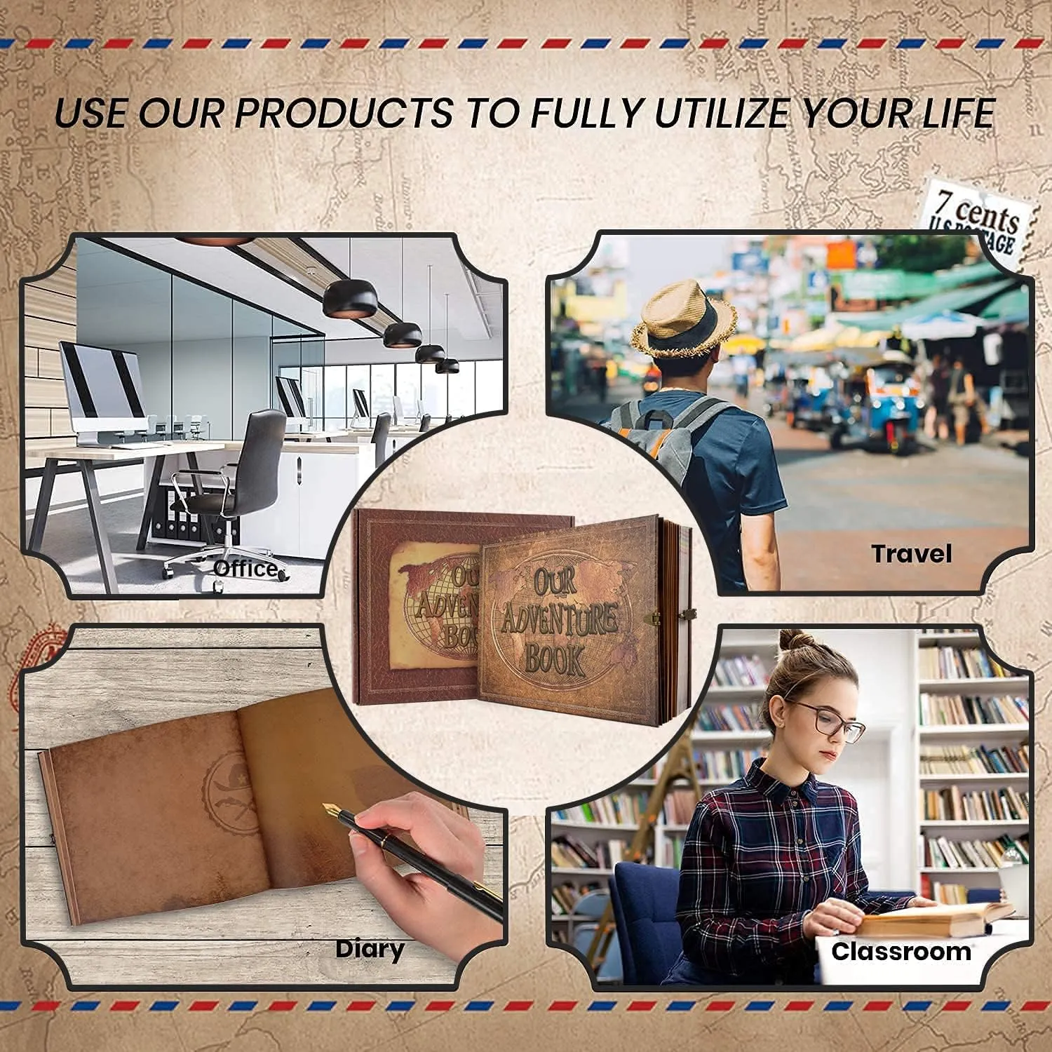 JIMBON Our Adventure Book 180 Pages Scrapbook Photo Album,Retro Style Embossed Letter Leather Cover Travel Diary Journal Scrap Book For Couples,Memory Book For Anniversary Wedding