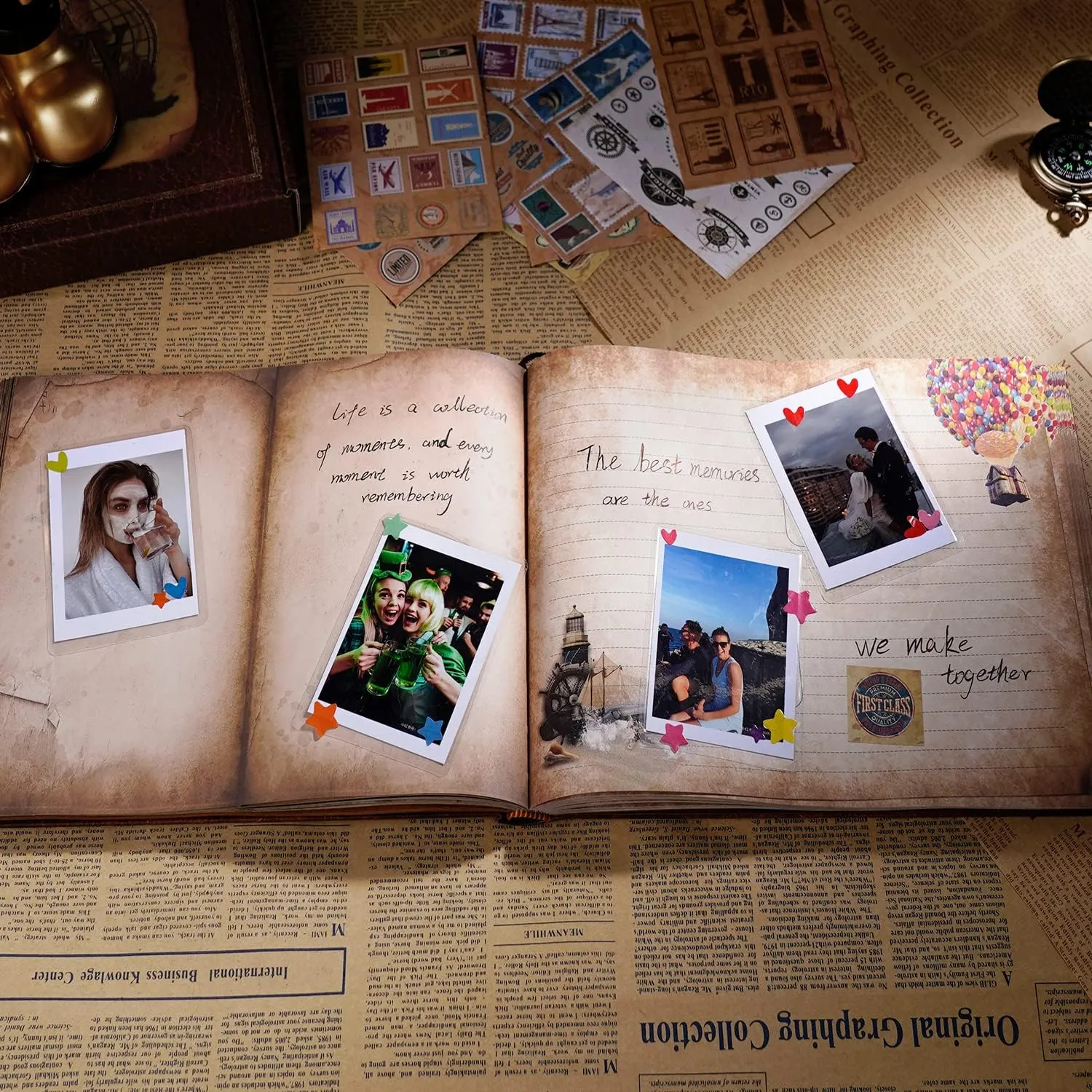 JIMBON Our Adventure Book 180 Pages Scrapbook Photo Album,Retro Style Embossed Letter Leather Cover Travel Diary Journal Scrap Book For Couples,Memory Book For Anniversary Wedding