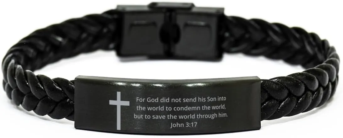John 3:17 Braided Leather Bracelet Christian Bible Verse Cross - Inspirational Engraved Religious Quote Faith God For Men Women, Personalized Gifts