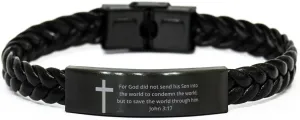 John 3:17 Braided Leather Bracelet Christian Bible Verse Cross - Inspirational Engraved Religious Quote Faith God For Men Women, Personalized Gifts