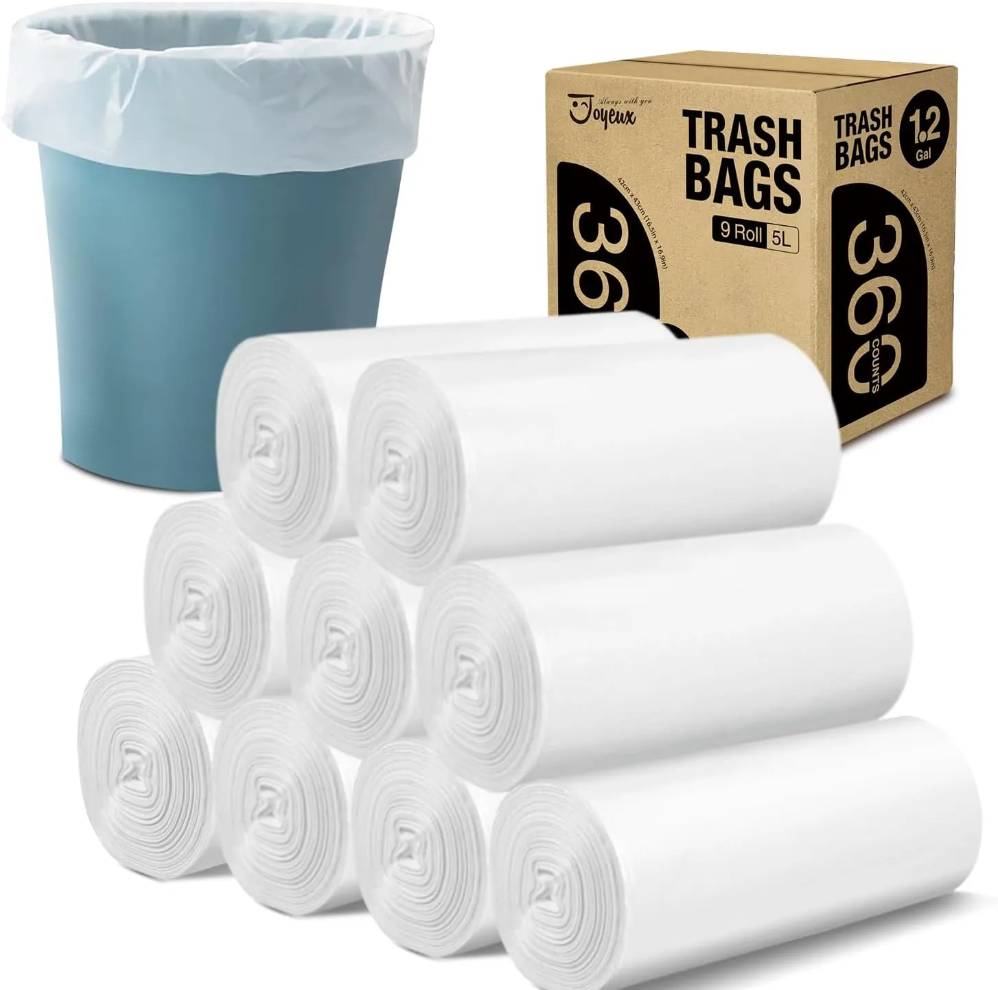 JOYEUX Small Trash Bags 1.2 Gallon, 360 Count Mini Garbage Bags for Bathroom Home Office Trash Can Liners, fit 4.5-5 Liter, 1-1.5 Gal, Clear