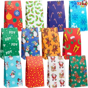 JOYIN 72 PCS of Christmas Holiday Goody Bags; 12 Assorted Christmas Designs Goodie Bags for Classrooms, Party Favors, Small Gift Bags, Kraft Bags and Christmas Craft Bags