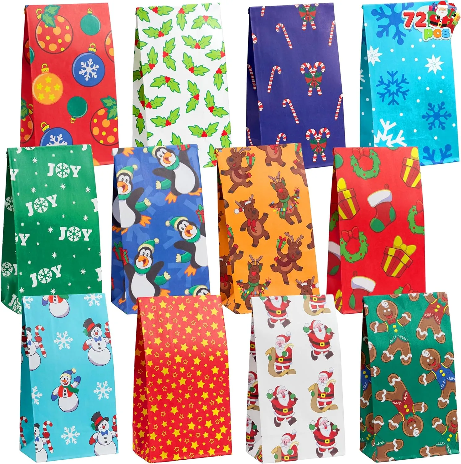 JOYIN 72 PCS of Christmas Holiday Goody Bags; 12 Assorted Christmas Designs Goodie Bags for Classrooms, Party Favors, Small Gift Bags, Kraft Bags and Christmas Craft Bags