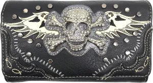 Justin West Rhinestone Skull Embroidery Floral Design Shoulder Chain Handbag