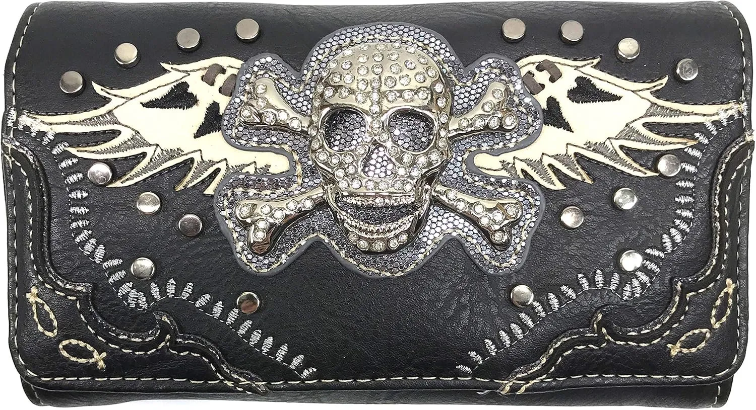 Justin West Rhinestone Skull Embroidery Floral Design Shoulder Chain Handbag
