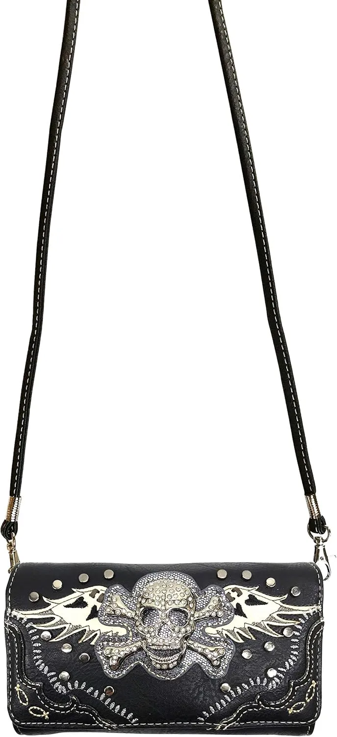 Justin West Rhinestone Skull Embroidery Floral Design Shoulder Chain Handbag