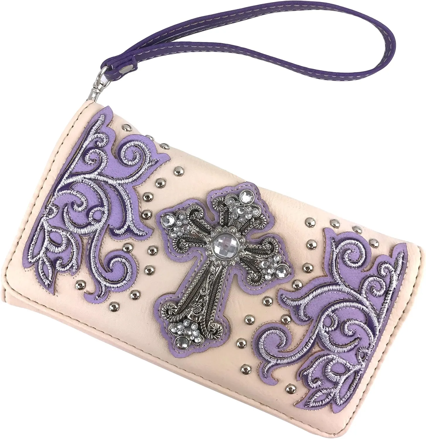 Justin West Western Floral Wing Embroidery Laser Cut Rhinestone Silver Cross Studded Shoulder Tote Handbag Purse Wallet