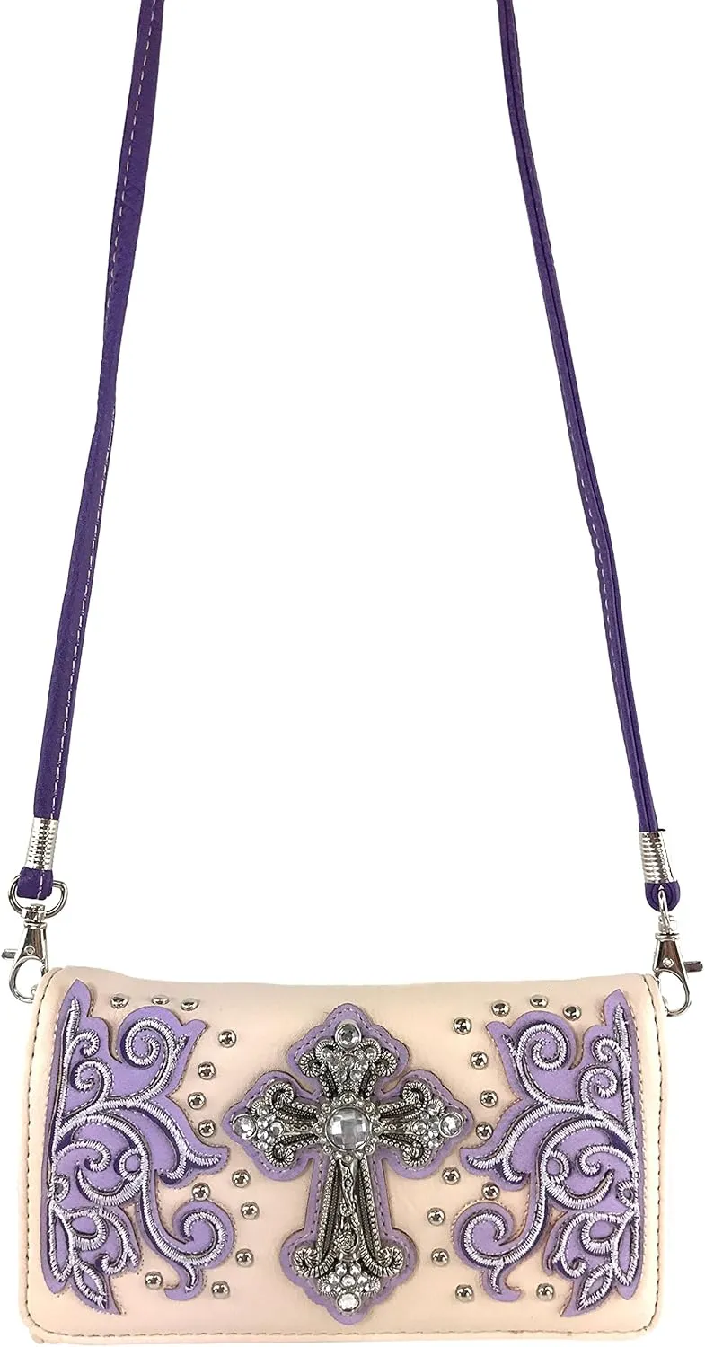 Justin West Western Floral Wing Embroidery Laser Cut Rhinestone Silver Cross Studded Shoulder Tote Handbag Purse Wallet