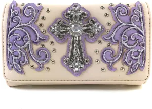Justin West Western Floral Wing Embroidery Laser Cut Rhinestone Silver Cross Studded Shoulder Tote Handbag Purse Wallet