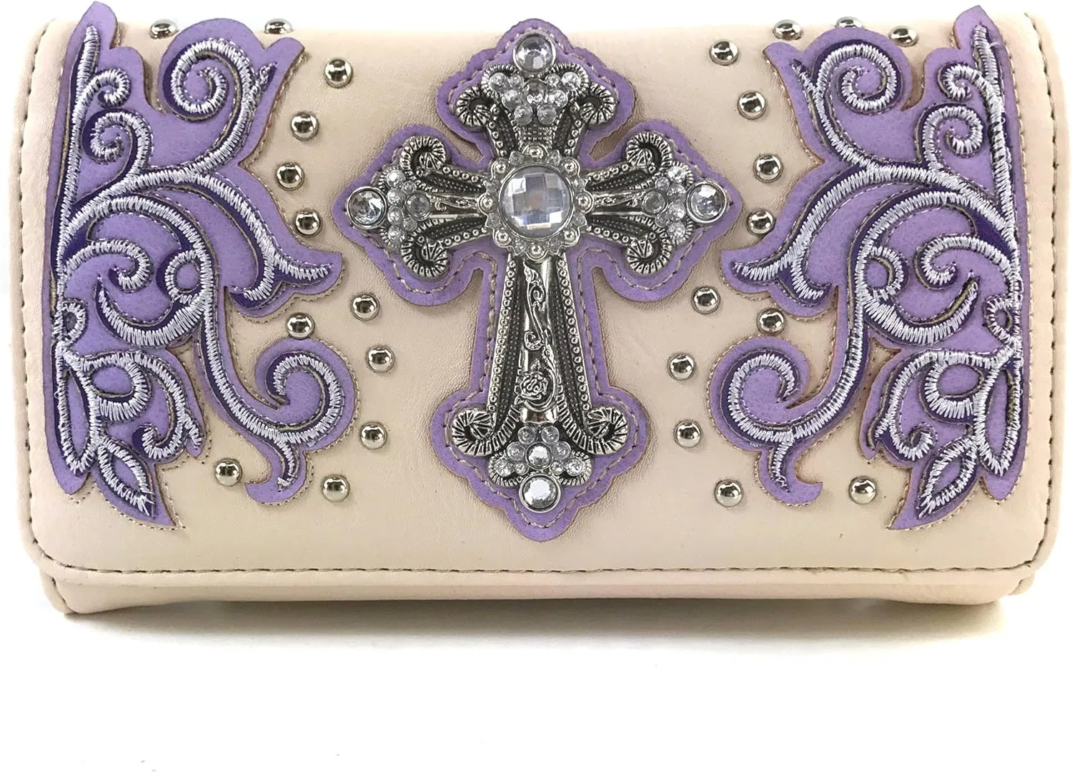 Justin West Western Floral Wing Embroidery Laser Cut Rhinestone Silver Cross Studded Shoulder Tote Handbag Purse Wallet