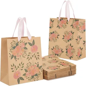 Juvale 24 Pack Kraft Paper Floral Gift Bags with Pink Ribbon Handles, 8x4x9 Inches, 2 Designs, For Themed Party Favors, Mother's Day, Weddings, Birthdays