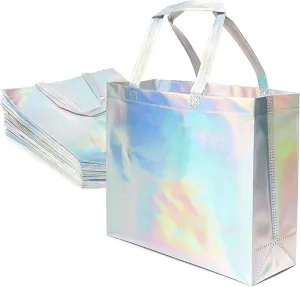 Juvale 24 Pack Reusable Holographic Bags with Handles, Cute Iridescent Bags for Gifts, Birthdays, Glossy Party Favors, Shopping and Everyday Use, Waterproof Grocery Tote, 14 x 12 x 5 In