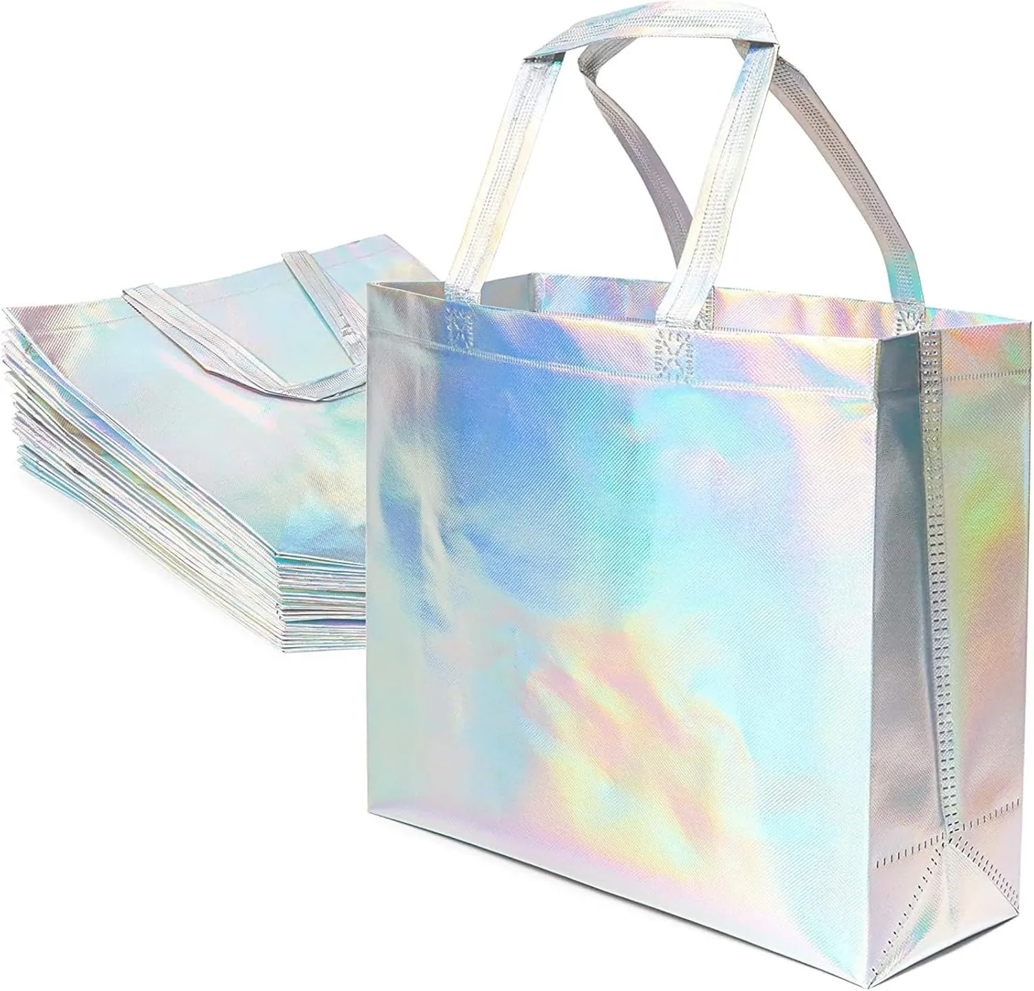 Juvale 24 Pack Reusable Holographic Bags with Handles, Cute Iridescent Bags for Gifts, Birthdays, Glossy Party Favors, Shopping and Everyday Use, Waterproof Grocery Tote, 14 x 12 x 5 In