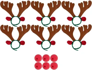 Juvale Set of 6 Reindeer Antlers Headband and Red Nose for Kids Holiday Christmas Costume Accessories