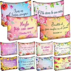Kacctyen 12 Pcs Spanish Christian Cosmetic Bags Bulk Mother's Day Church Gifts Spanish Christian Gifts for Women Bible Verse Pencil Pouch Makeup Bag Regalos Religiosos Para Mujer En Español
