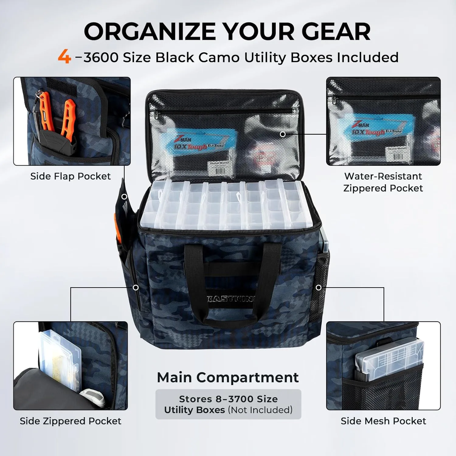 KastKing BaitSpace Fishing Tackle Bag With 4 Tackle Boxes & Removable Bait Binder, Water-Resistant Tackle Storage, Durable Fishing Gear, Adjustable Shoulder Strap