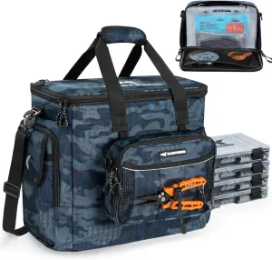 KastKing BaitSpace Fishing Tackle Bag With 4 Tackle Boxes & Removable Bait Binder, Water-Resistant Tackle Storage, Durable Fishing Gear, Adjustable Shoulder Strap