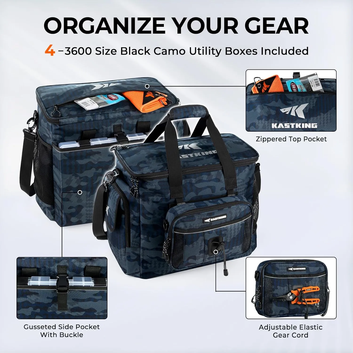 KastKing BaitSpace Fishing Tackle Bag With 4 Tackle Boxes & Removable Bait Binder, Water-Resistant Tackle Storage, Durable Fishing Gear, Adjustable Shoulder Strap