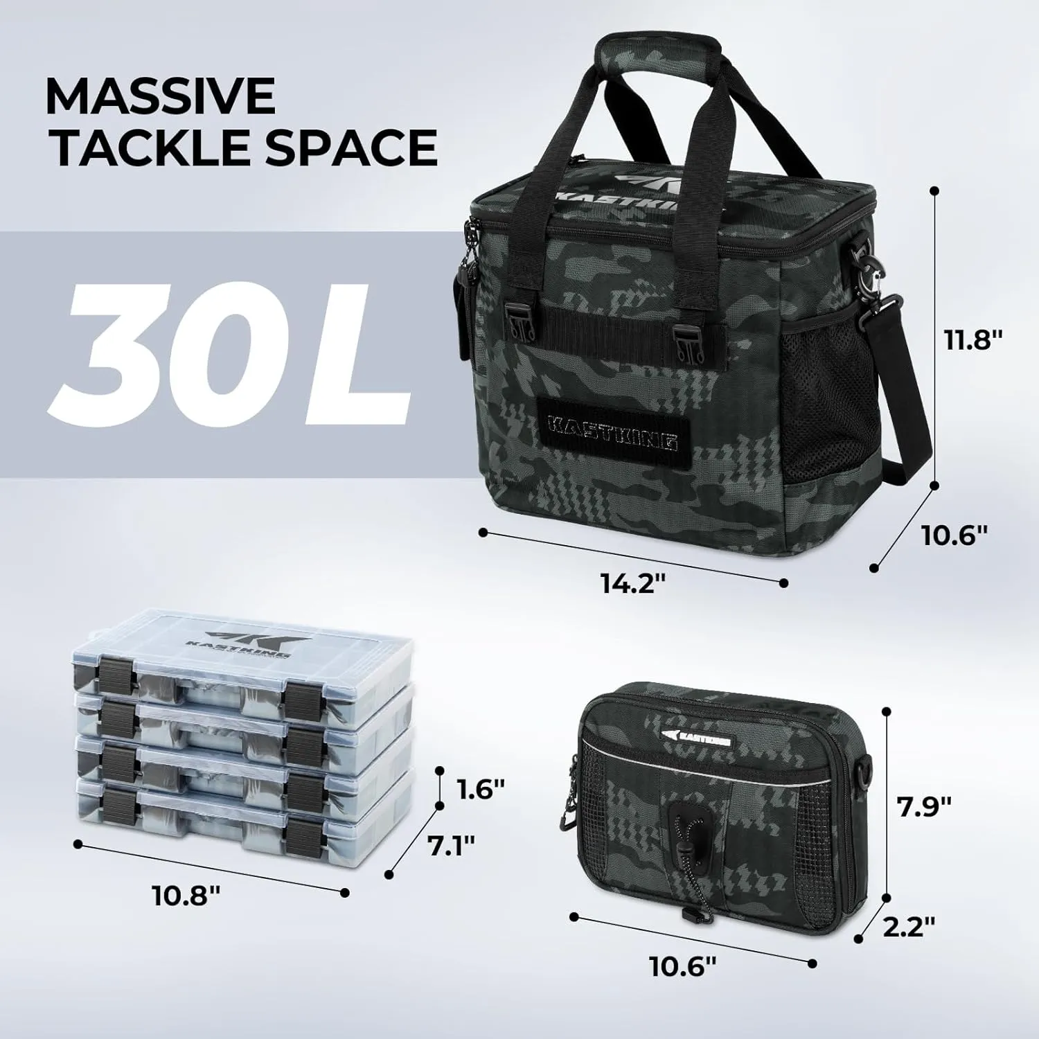 KastKing BaitSpace Fishing Tackle Bag With 4 Tackle Boxes & Removable Bait Binder, Water-Resistant Tackle Storage, Durable Fishing Gear, Adjustable Shoulder Strap