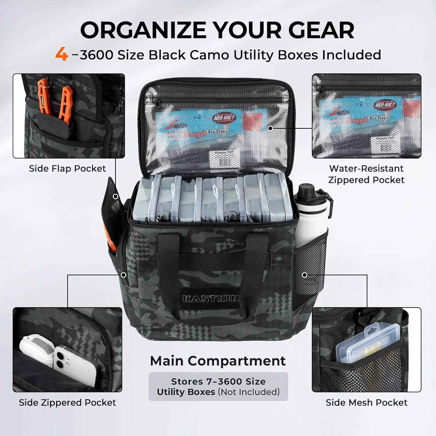 KastKing BaitSpace Fishing Tackle Bag With 4 Tackle Boxes & Removable Bait Binder, Water-Resistant Tackle Storage, Durable Fishing Gear, Adjustable Shoulder Strap
