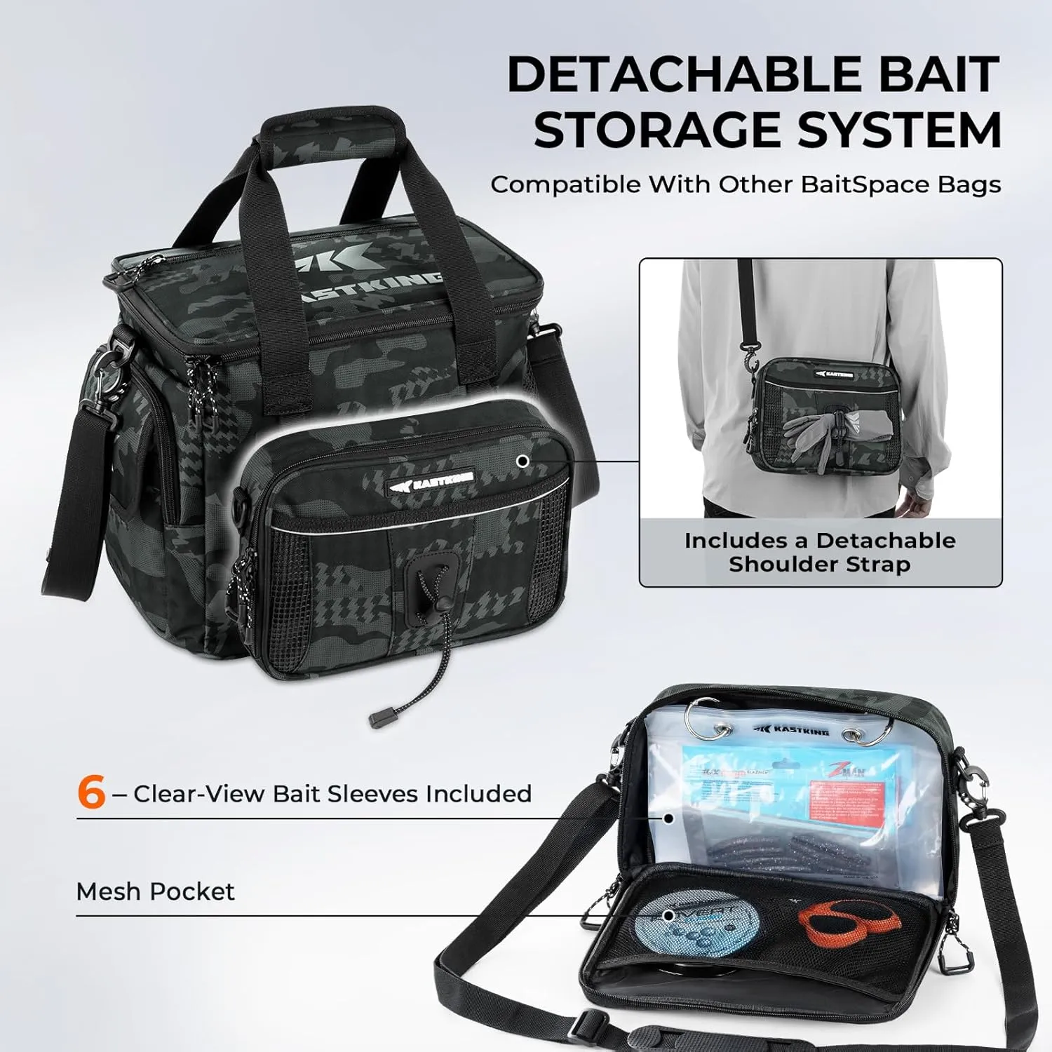 KastKing BaitSpace Fishing Tackle Bag With 4 Tackle Boxes & Removable Bait Binder, Water-Resistant Tackle Storage, Durable Fishing Gear, Adjustable Shoulder Strap