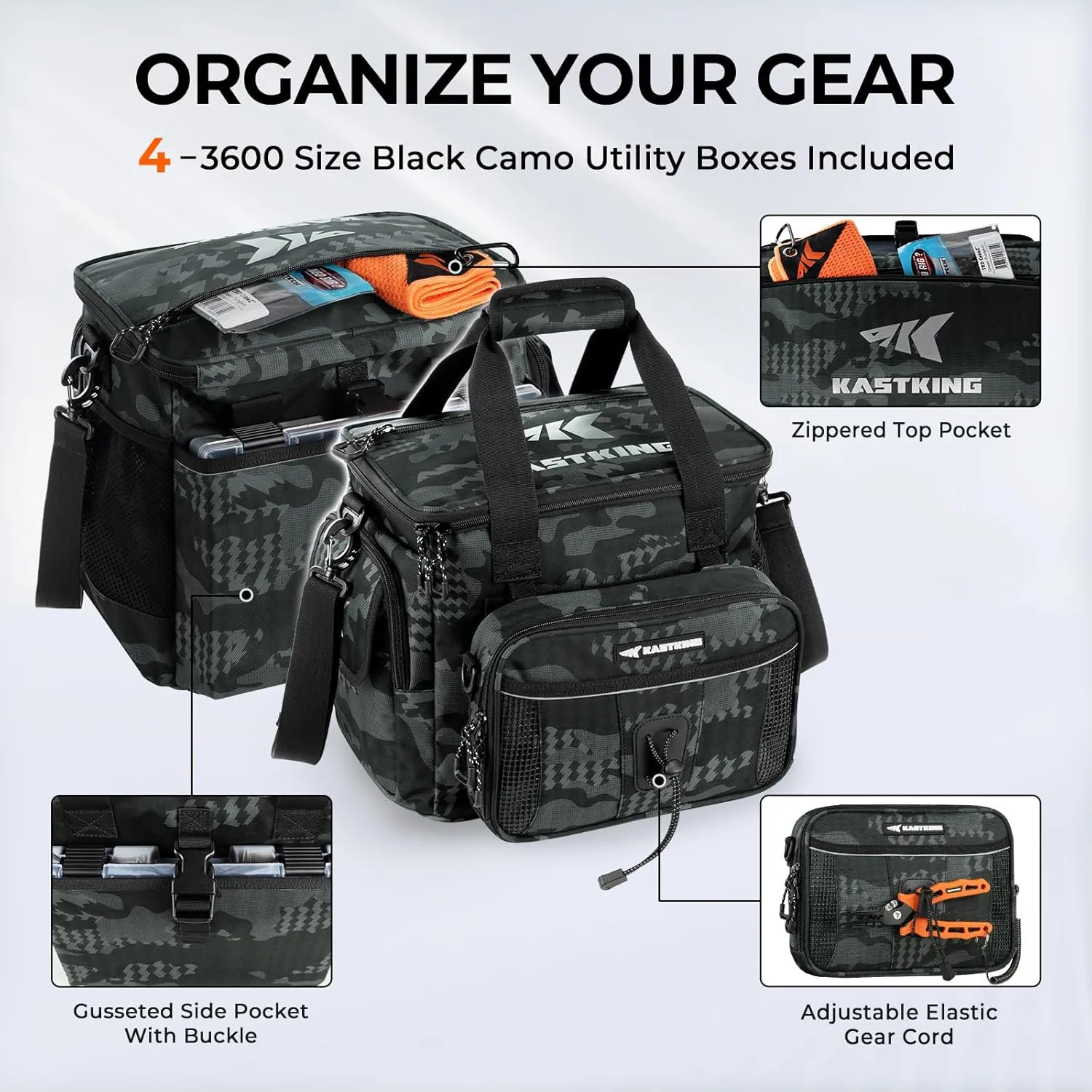 KastKing BaitSpace Fishing Tackle Bag With 4 Tackle Boxes & Removable Bait Binder, Water-Resistant Tackle Storage, Durable Fishing Gear, Adjustable Shoulder Strap