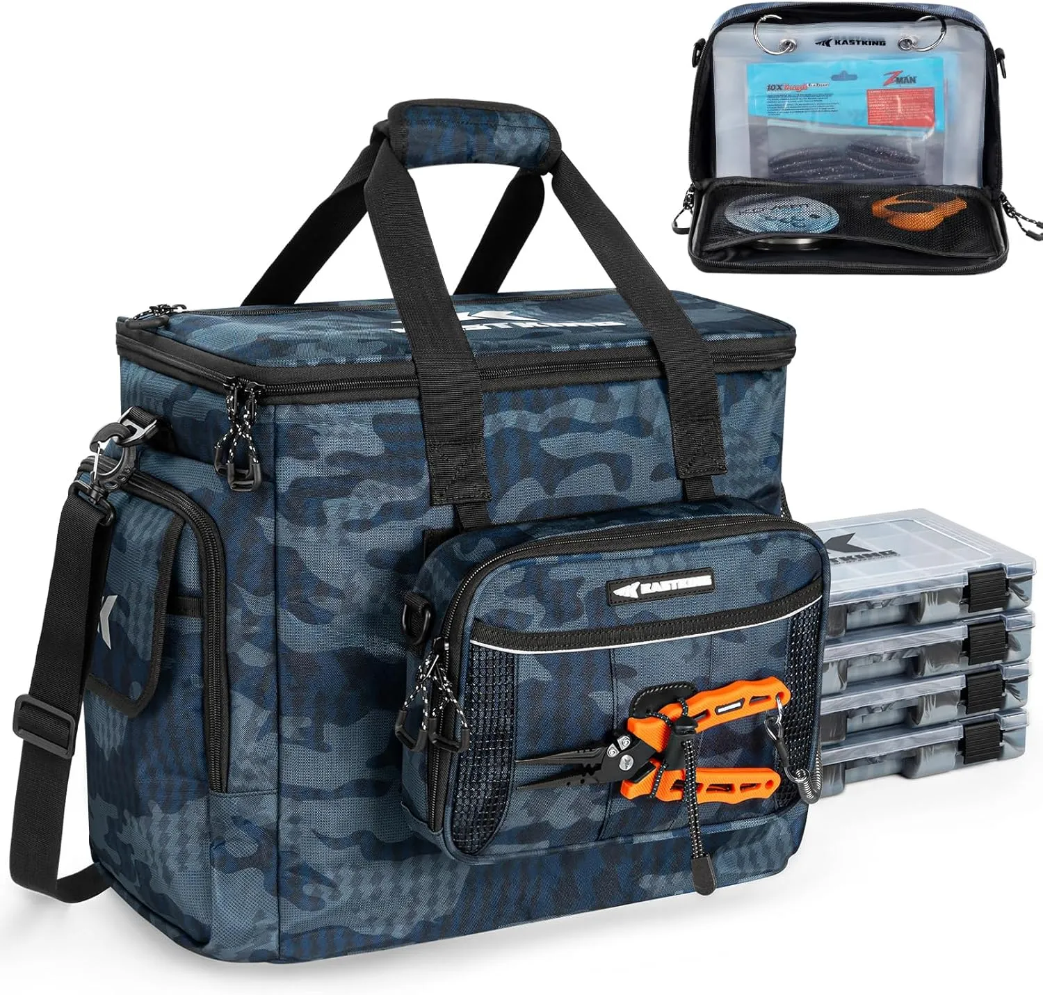 KastKing BaitSpace Fishing Tackle Bag With 4 Tackle Boxes & Removable Bait Binder, Water-Resistant Tackle Storage, Durable Fishing Gear, Adjustable Shoulder Strap