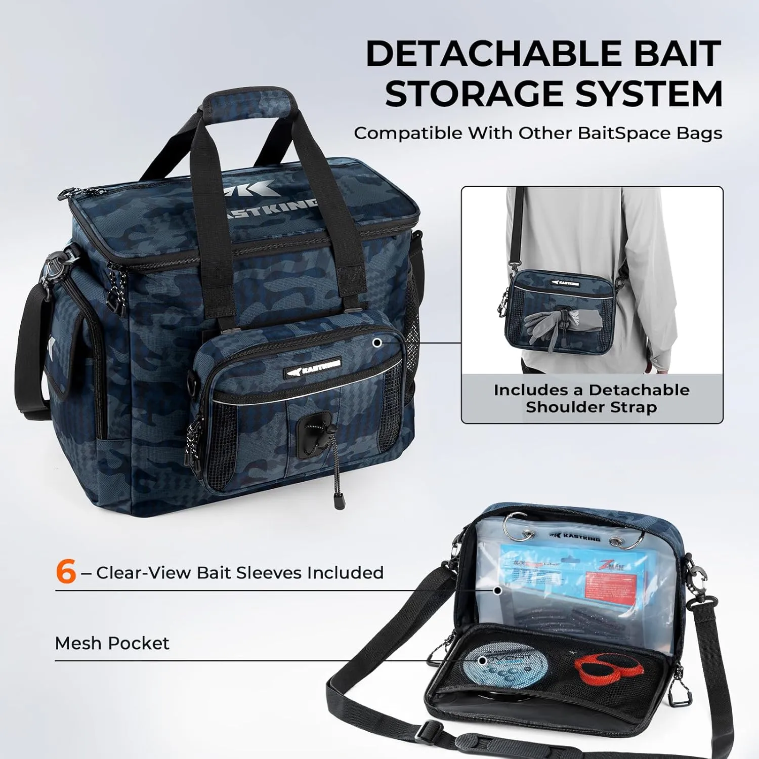 KastKing BaitSpace Fishing Tackle Bag With 4 Tackle Boxes & Removable Bait Binder, Water-Resistant Tackle Storage, Durable Fishing Gear, Adjustable Shoulder Strap