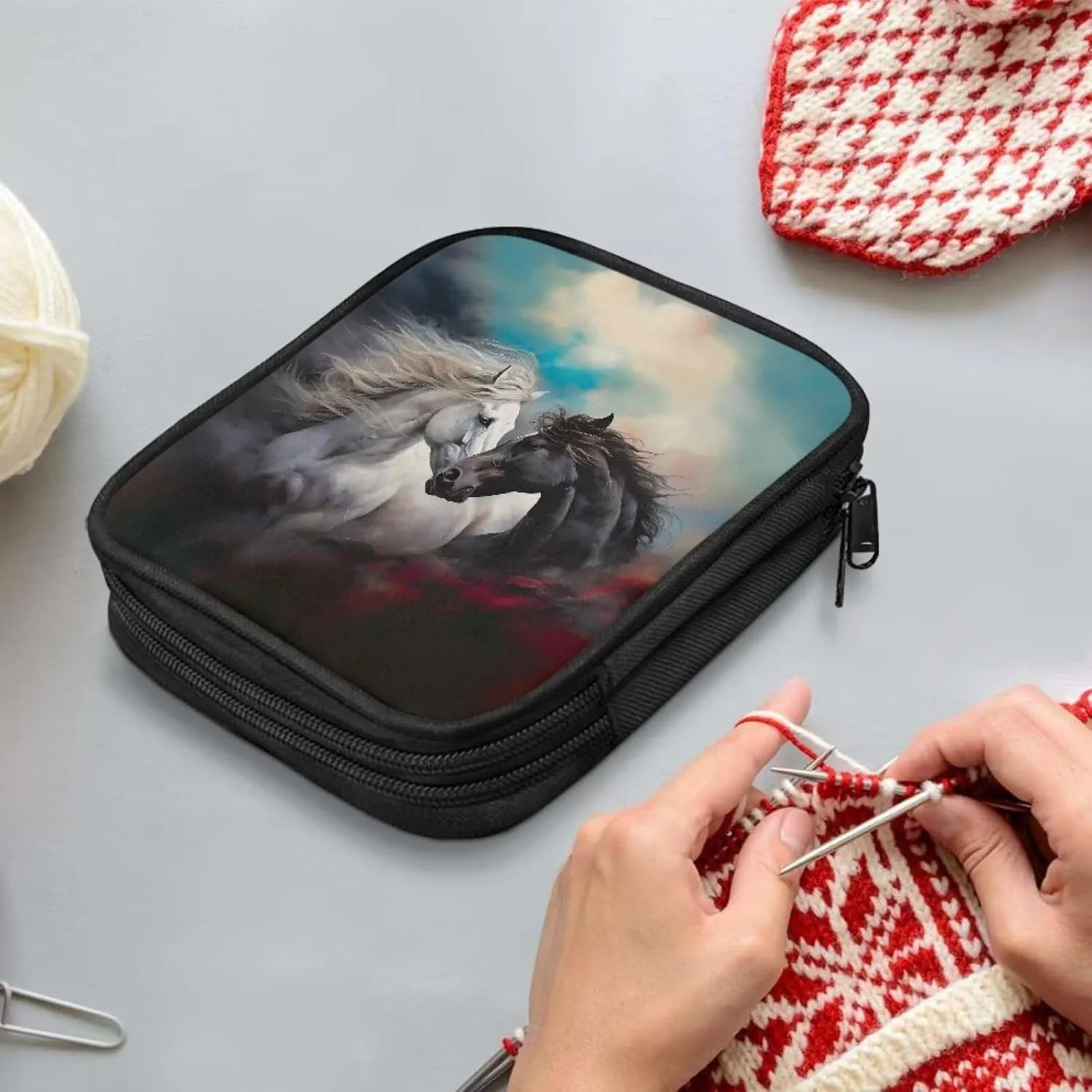 Kathyboom Horse Crochet Hooks Case - Zipper Bags, Portable Travel Storage Bag Organizer with Web Pocket and Holder Slots for Crochet Needles