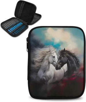 Kathyboom Horse Crochet Hooks Case - Zipper Bags, Portable Travel Storage Bag Organizer with Web Pocket and Holder Slots for Crochet Needles