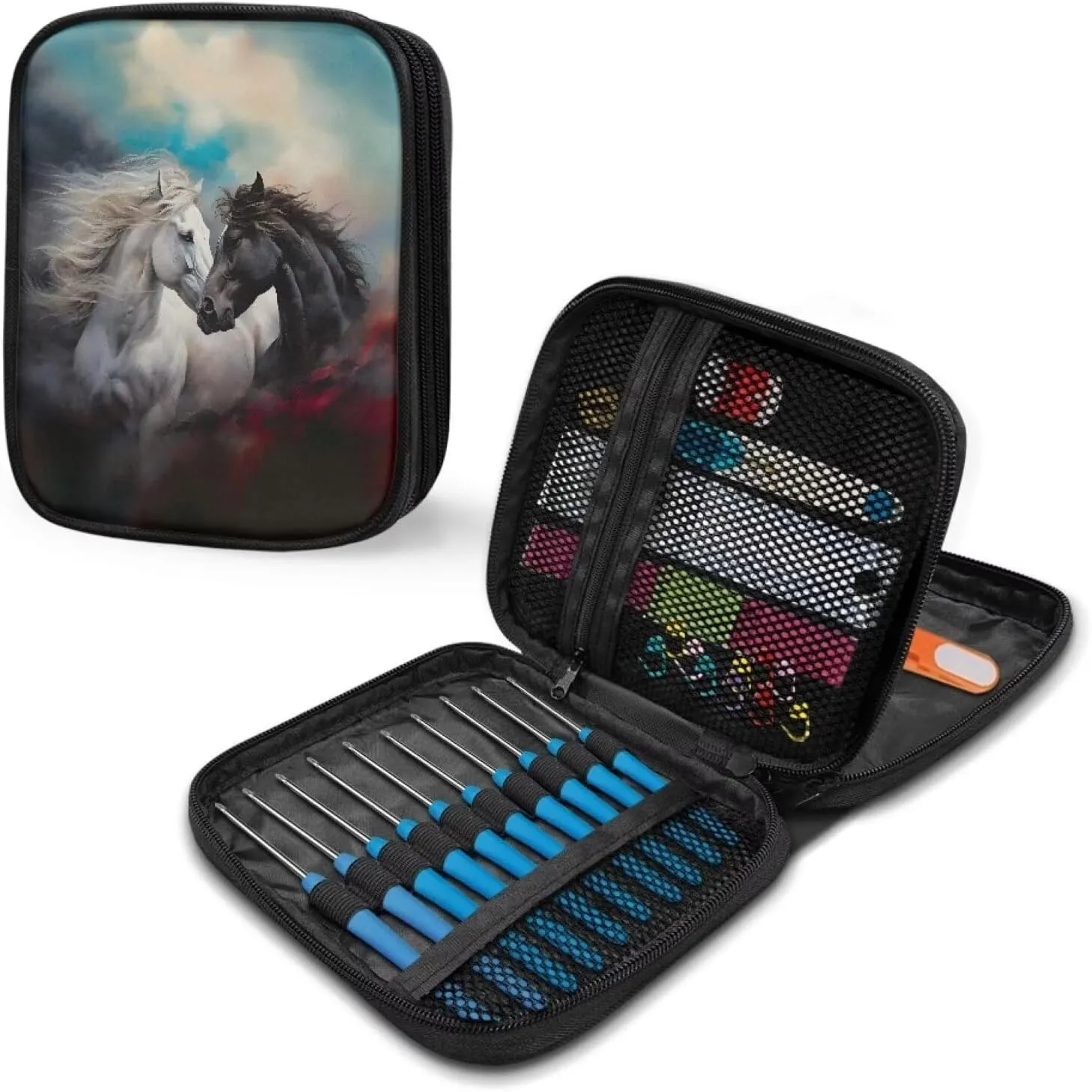Kathyboom Horse Crochet Hooks Case - Zipper Bags, Portable Travel Storage Bag Organizer with Web Pocket and Holder Slots for Crochet Needles