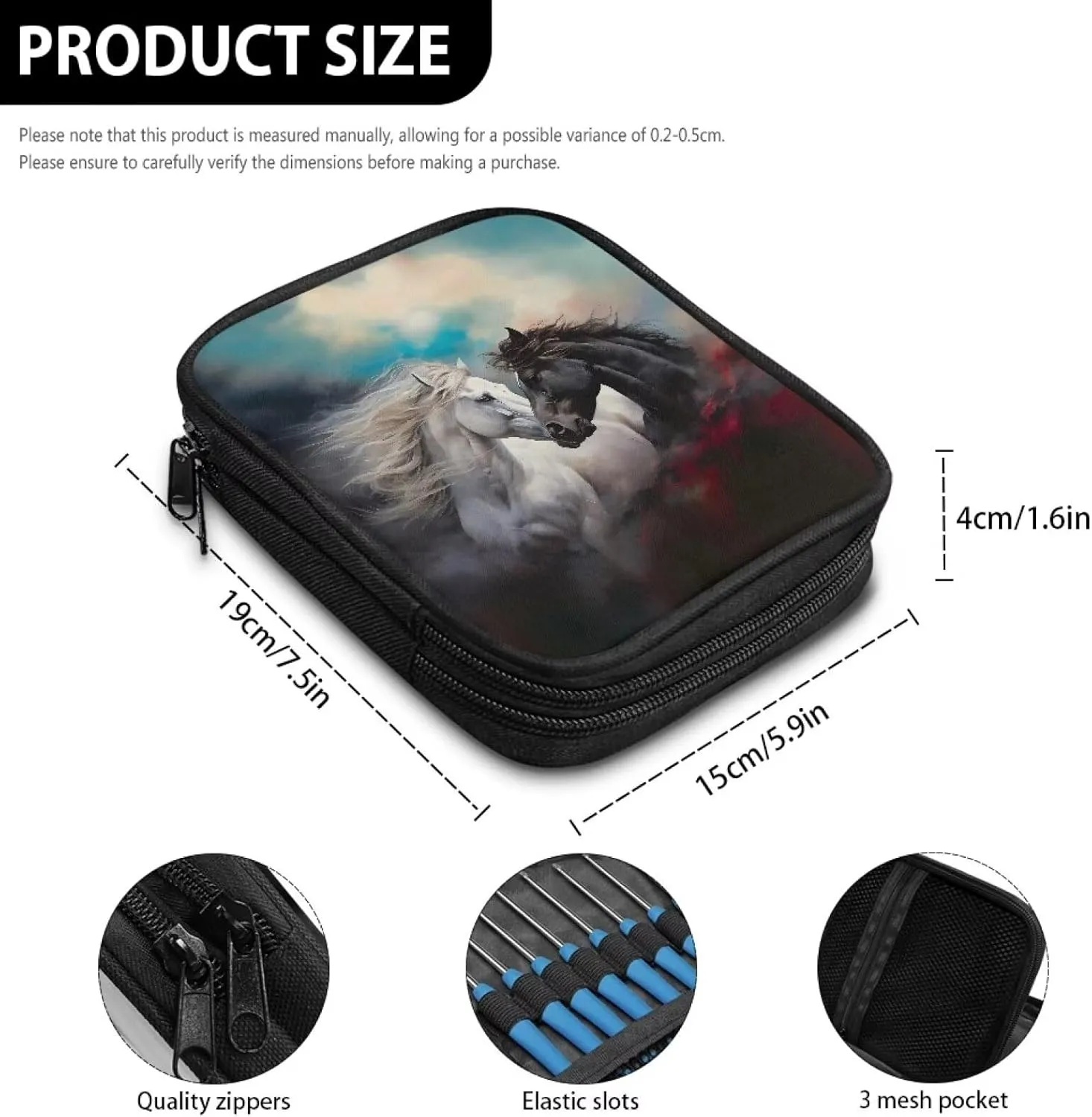 Kathyboom Horse Crochet Hooks Case - Zipper Bags, Portable Travel Storage Bag Organizer with Web Pocket and Holder Slots for Crochet Needles