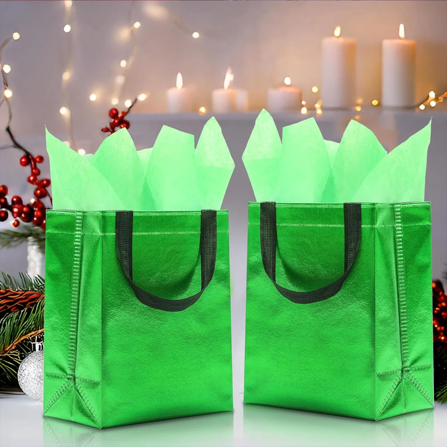 KeerxunBag 12pcs Reusable Gift Bags（Includes Tissue Paper） Gift bag with handle Birthdays Parties Holidays Weddings Medium 10x4x8in green Gift Bags