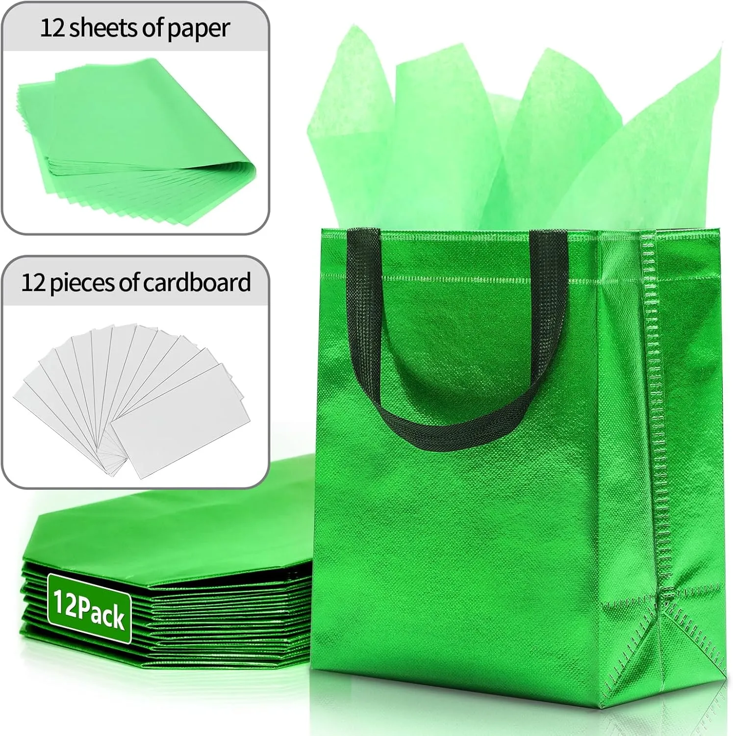 KeerxunBag 12pcs Reusable Gift Bags（Includes Tissue Paper） Gift bag with handle Birthdays Parties Holidays Weddings Medium 10x4x8in green Gift Bags