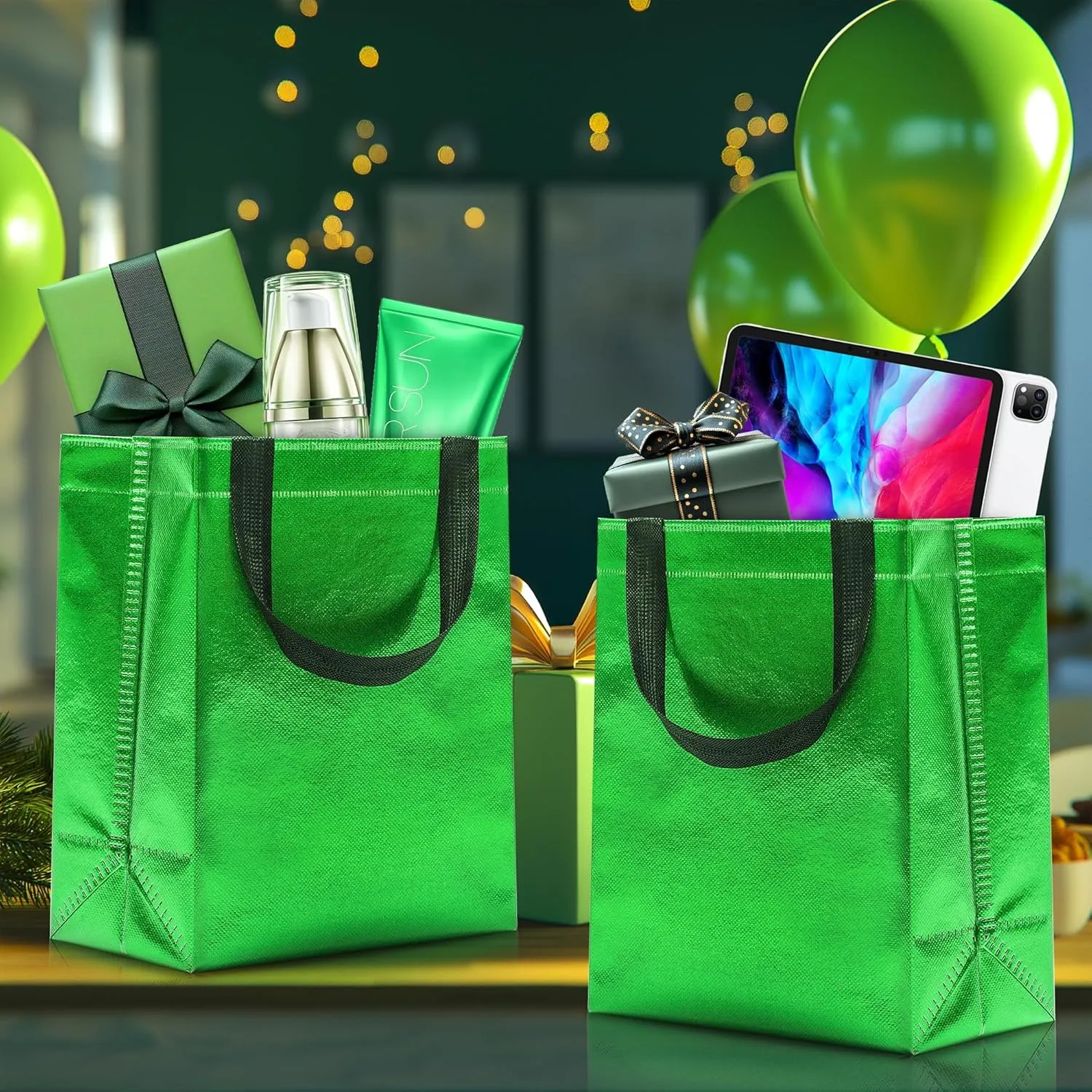 KeerxunBag 12pcs Reusable Gift Bags（Includes Tissue Paper） Gift bag with handle Birthdays Parties Holidays Weddings Medium 10x4x8in green Gift Bags