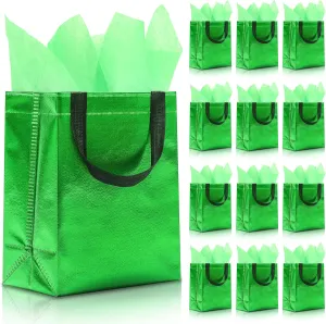 KeerxunBag 12pcs Reusable Gift Bags（Includes Tissue Paper） Gift bag with handle Birthdays Parties Holidays Weddings Medium 10x4x8in green Gift Bags