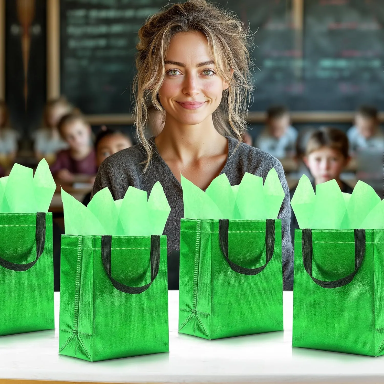 KeerxunBag 12pcs Reusable Gift Bags（Includes Tissue Paper） Gift bag with handle Birthdays Parties Holidays Weddings Medium 10x4x8in green Gift Bags