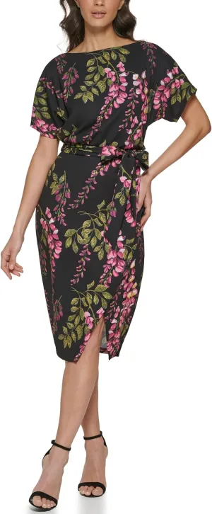 kensie Women's Short Sleeve Tie Waist Midi Dress
