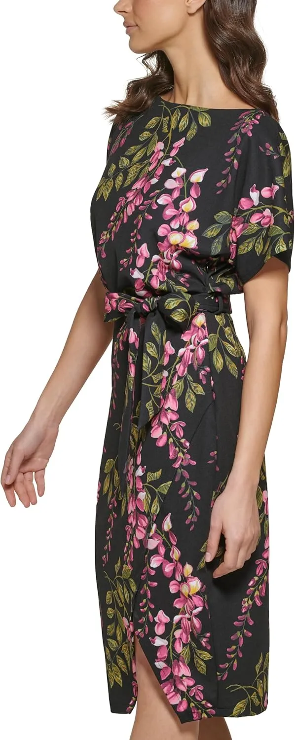 kensie Women's Short Sleeve Tie Waist Midi Dress