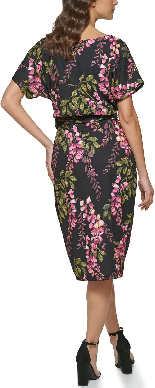 kensie Women's Short Sleeve Tie Waist Midi Dress