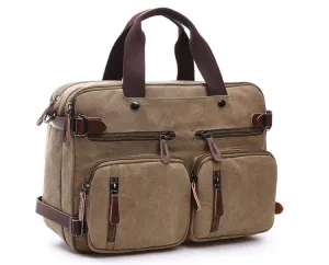 Khaki  Vintage Canvas Backpack With Brown Strap Design