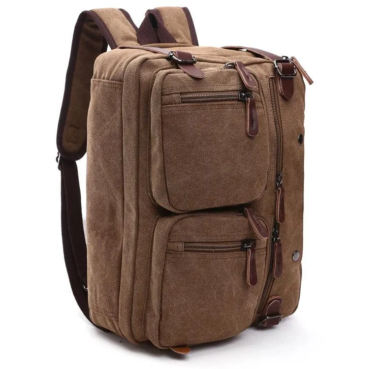 Khaki  Vintage Canvas Backpack With Brown Strap Design