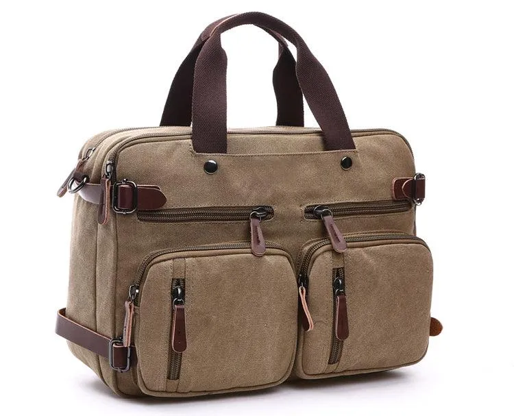 Khaki  Vintage Canvas Backpack With Brown Strap Design