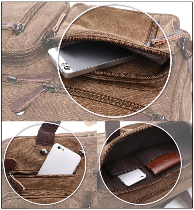 Khaki  Vintage Canvas Backpack With Brown Strap Design