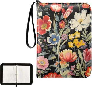 Kigai Colorful Florals Trading Card Binder, 4 Pockets Card Album with 400 Cards, Waterproof PU Zip Portable Card Holder for Sports Cards, Game Cards